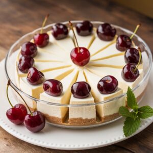 Creamy New York-style cheesecake topped with fresh strawberries and a graham cracker crust, served on a white plate