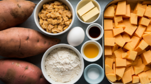 A top-down view of ingredients for making a yellow sweet potato casserole, including whole yellow sweet potatoes, cubed yellow sweet potato pieces, brown sugar, flour, butter, an egg, vanilla extract, oil, and salt, all neatly arranged on a gray surface