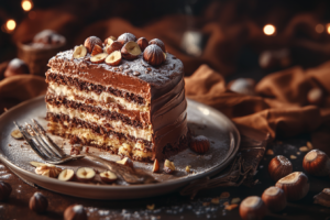 multi-layered cake covered in Nutella frosting
