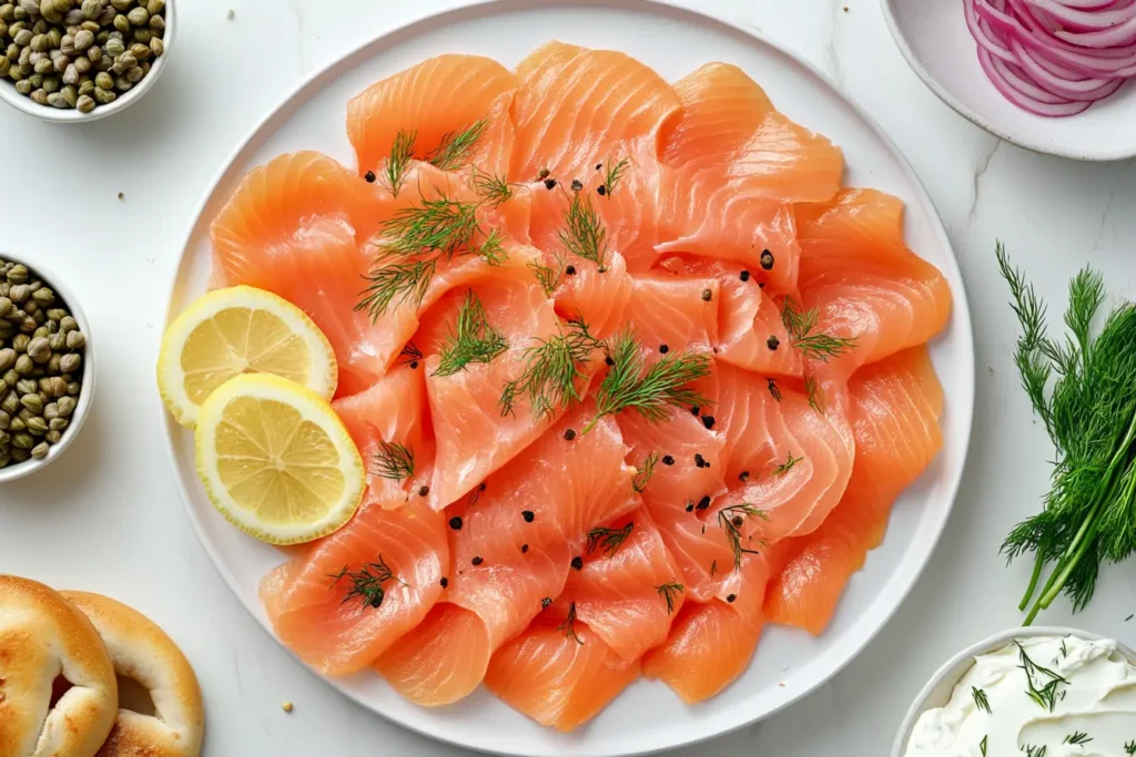 Ready-to-eat smoked salmon served on a white plate with fresh dill, lemon wedges, capers, and cream cheese, accompanied by bagels and garnishes like red onions.