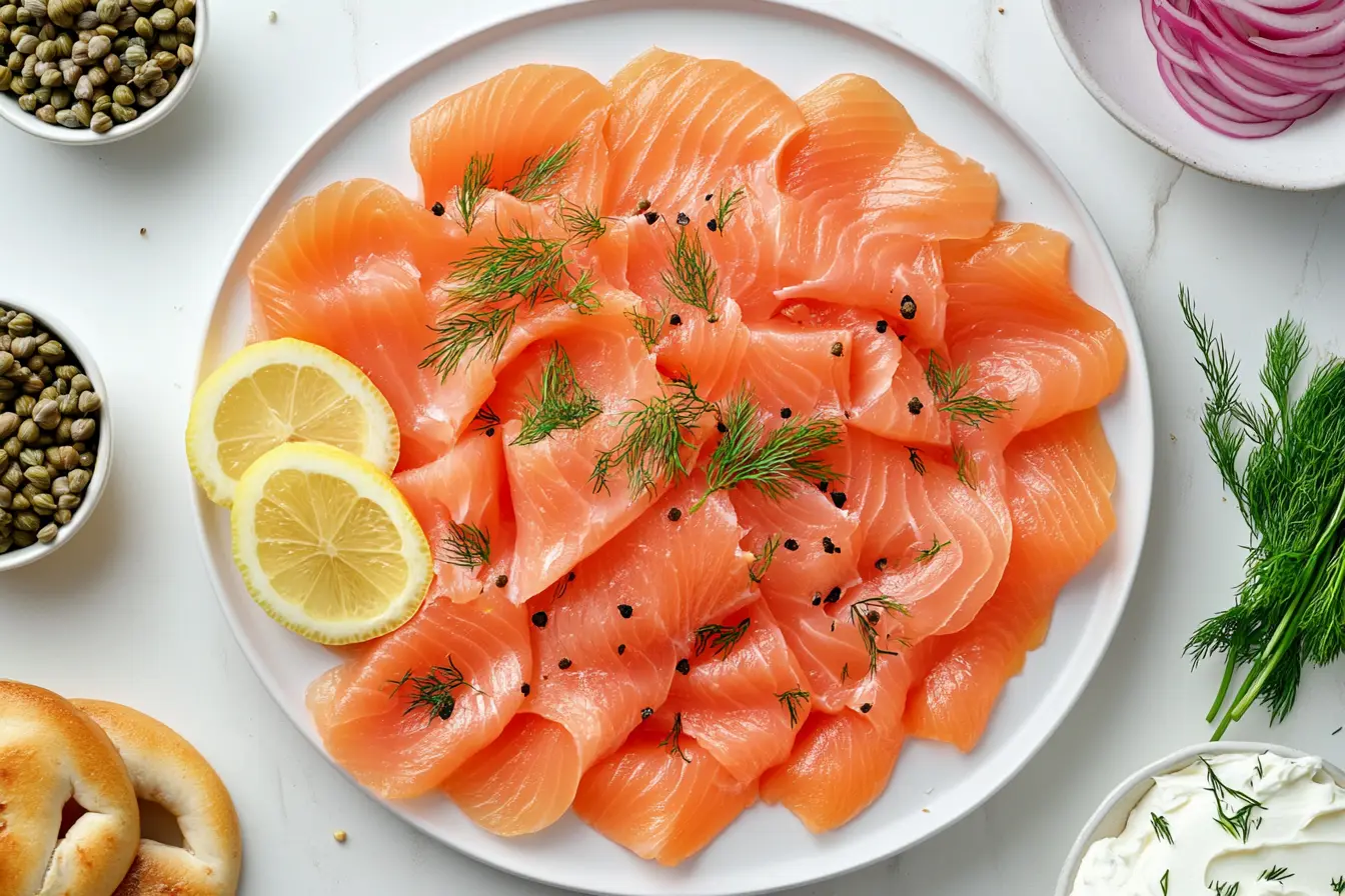 Ready-to-eat smoked salmon served on a white plate with fresh dill, lemon wedges, capers, and cream cheese, accompanied by bagels and garnishes like red onions.