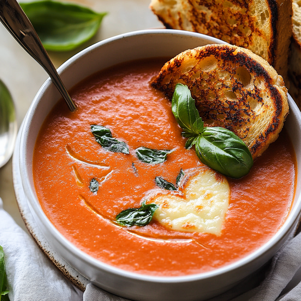 Creamy Tomato Basil Soup with Grilled Cheese Hearts