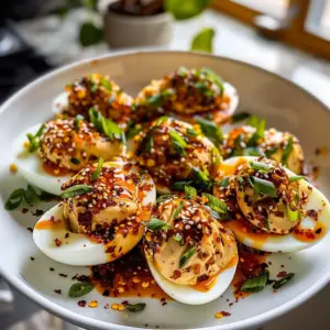 Spicy Chili Garlic Deviled Eggs