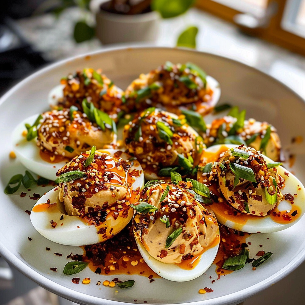 Spicy Chili Garlic Deviled Eggs