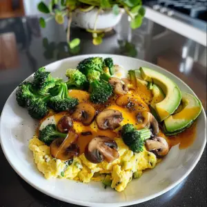 Scrambled Eggs with Broccoli, Mushrooms & Avocado